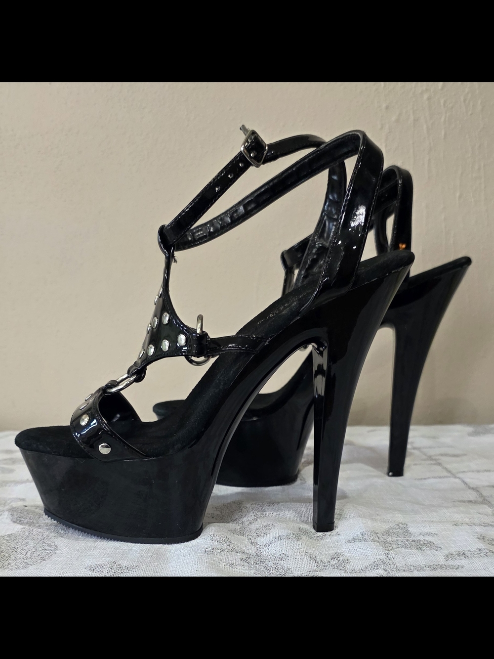 Pleaser Black Patent Platform Stiletto Heels with Stud Accents - Picture 7 of 8